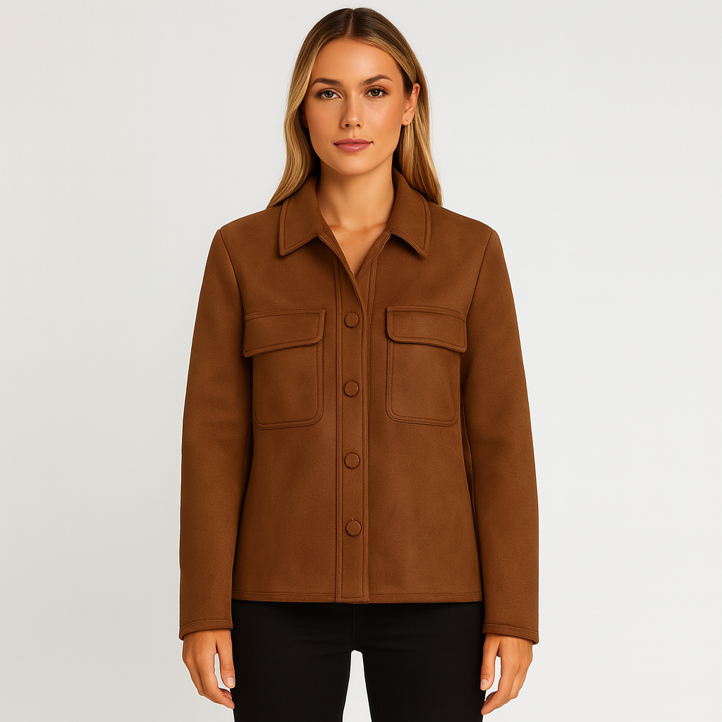 Faux suede jacket with shirt collar and front flap pockets, styled for casual and chic layered looks