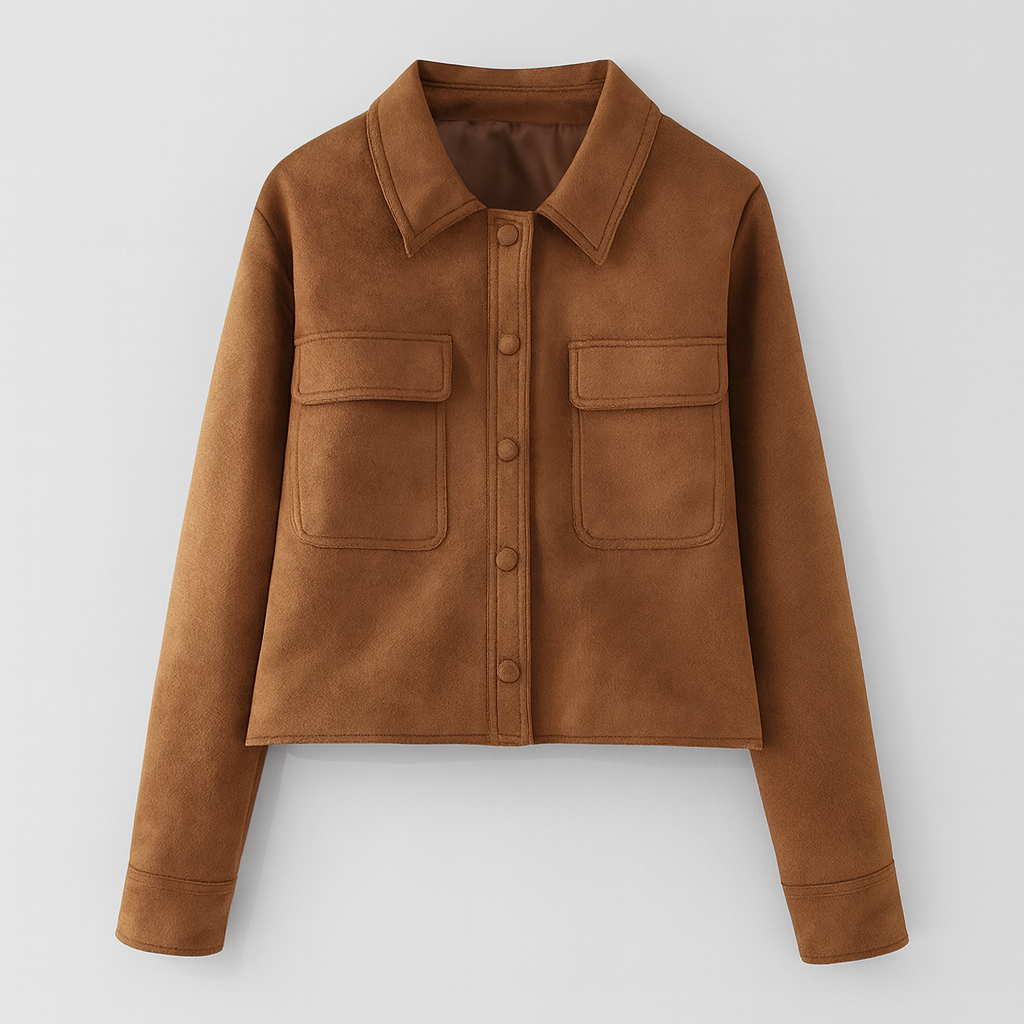 Faux suede jacket with shirt collar and front flap pockets, styled for casual and chic layered looks