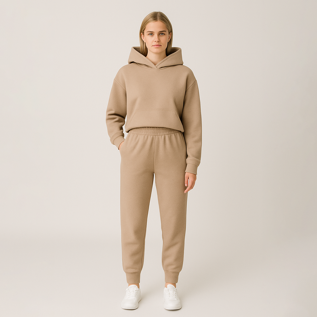 Hoodie lounge set with oversized sweatshirt and elastic waist pants, styled for cozy modern wear