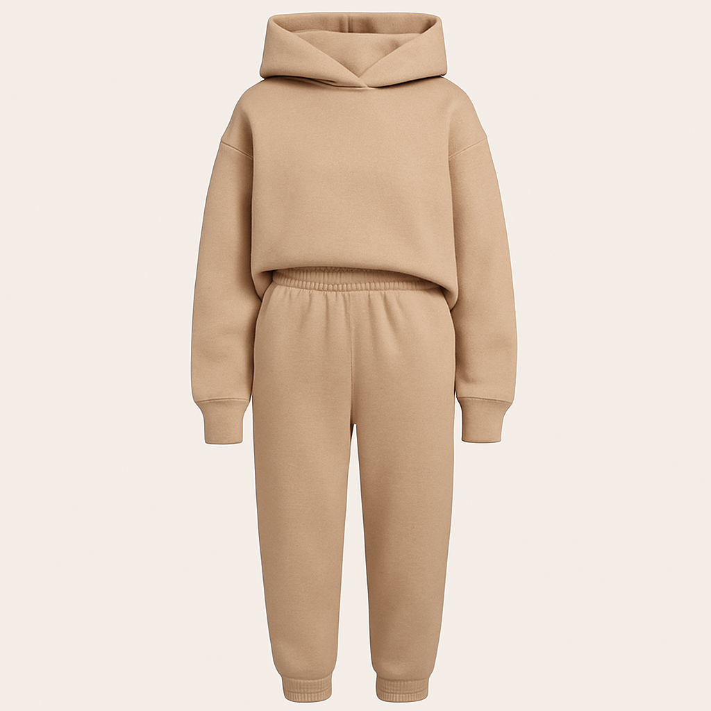 Hoodie lounge set with oversized sweatshirt and elastic waist pants, styled for cozy modern wear