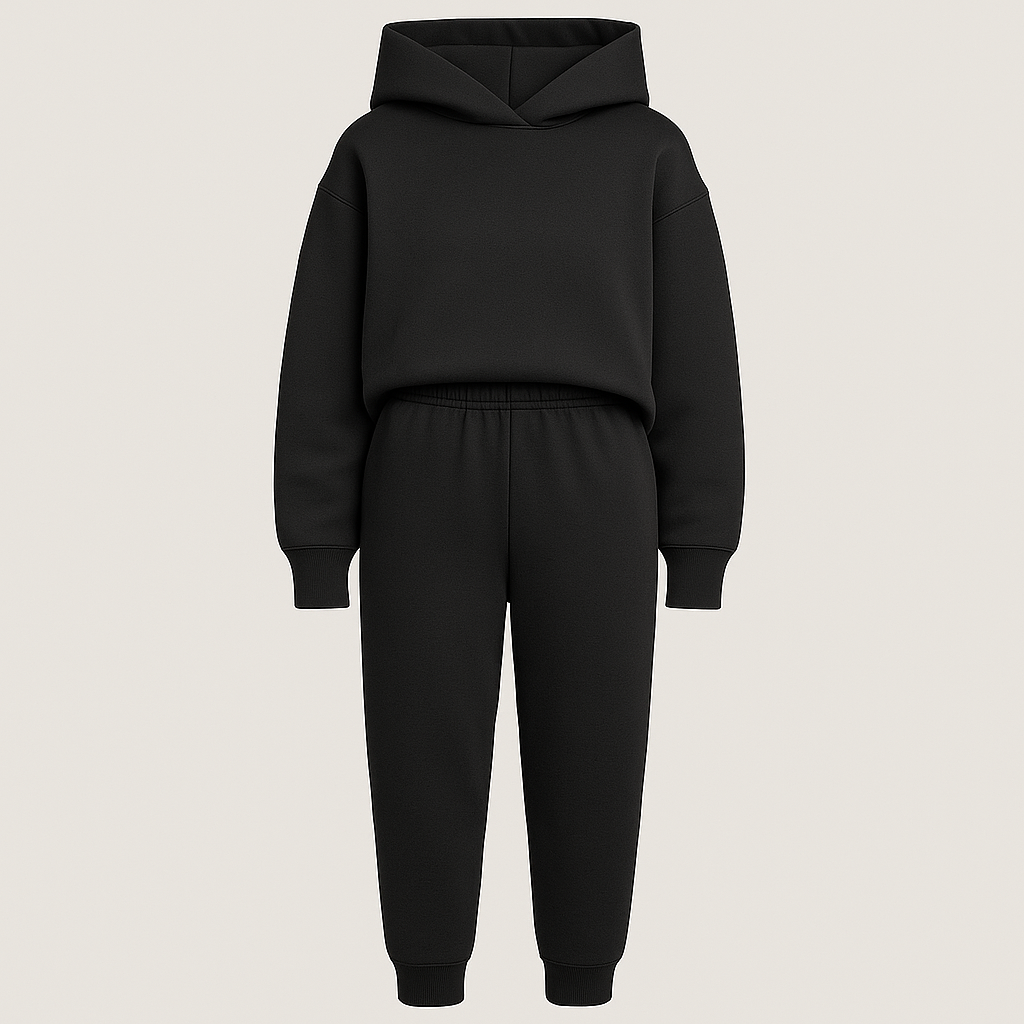 Hoodie lounge set with oversized sweatshirt and elastic waist pants, styled for cozy modern wear