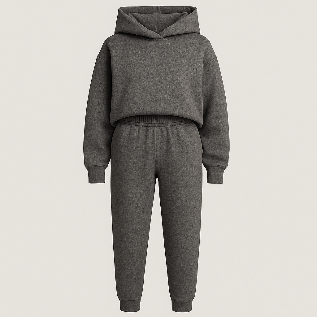 Hoodie lounge set with oversized sweatshirt and elastic waist pants, styled for cozy modern wear