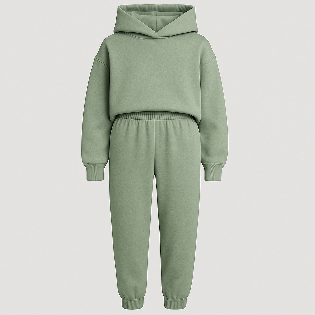 Hoodie lounge set with oversized sweatshirt and elastic waist pants, styled for cozy modern wear