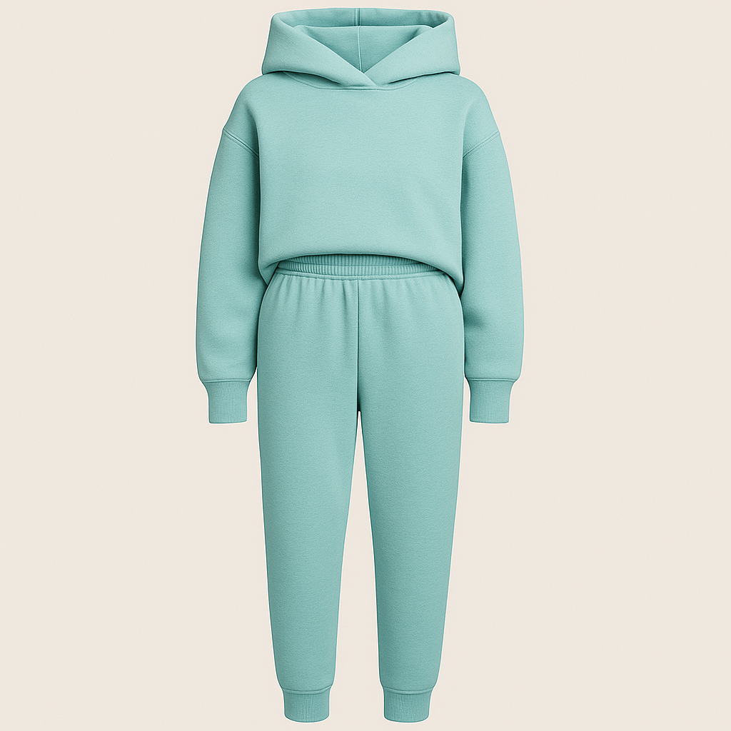 Hoodie lounge set with oversized sweatshirt and elastic waist pants, styled for cozy modern wear
