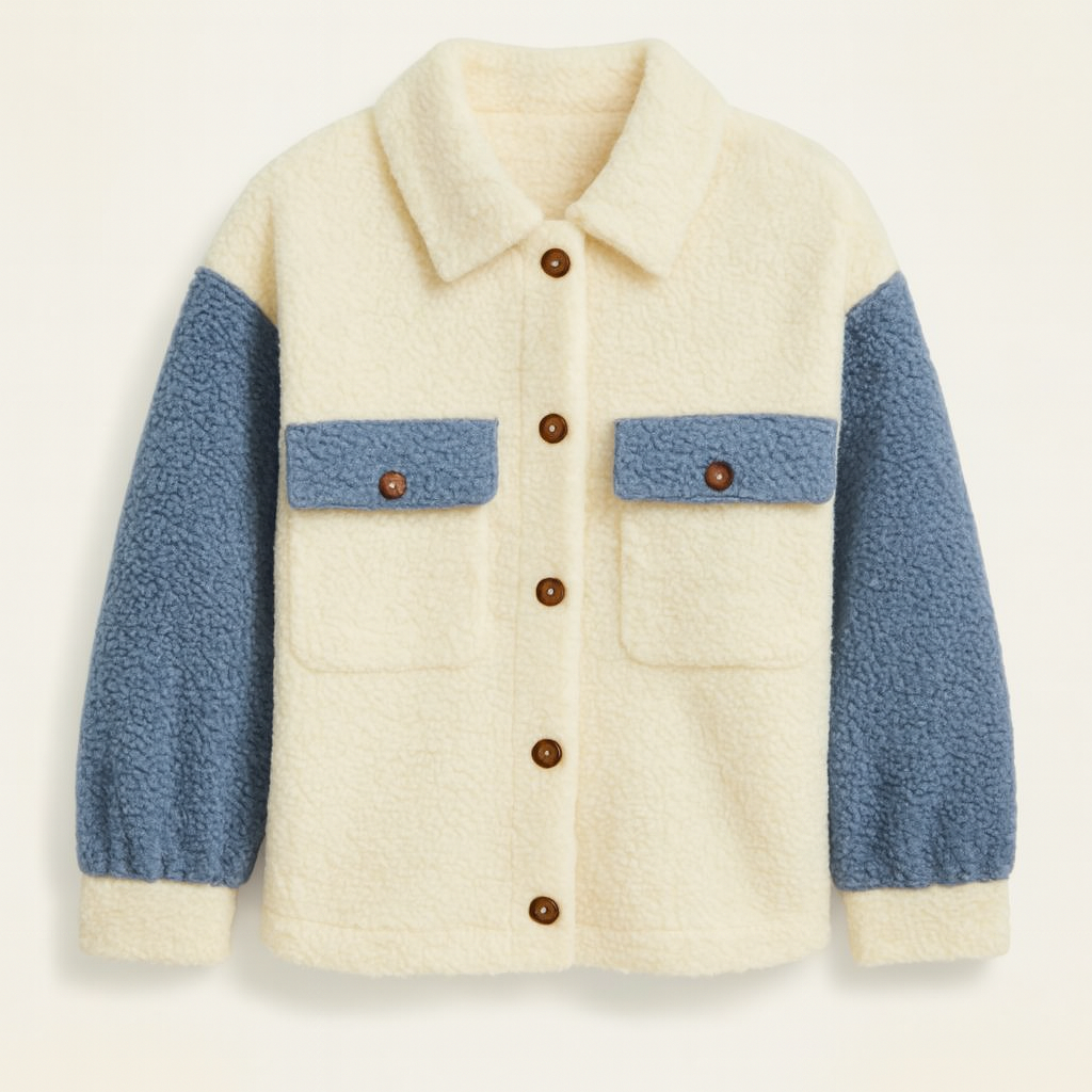 Button-up sherpa jacket with a pointed collar, two flap chest pockets, and long sleeves.