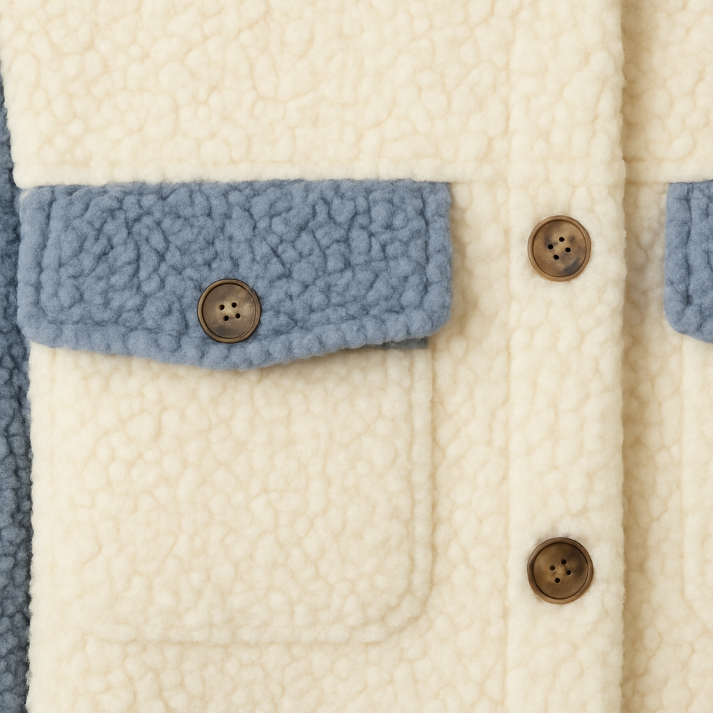 Button-up sherpa jacket with a pointed collar, two flap chest pockets, and long sleeves.