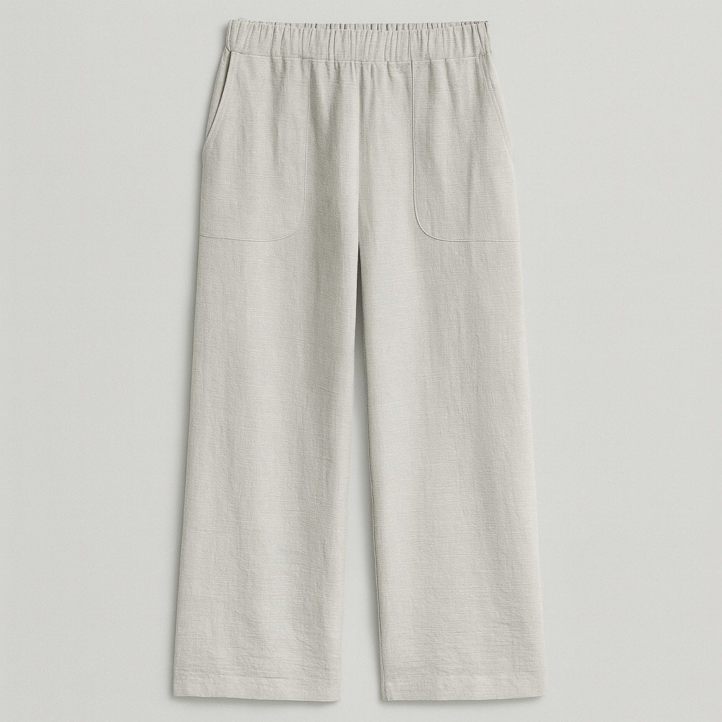 Wide-leg lounge pants with elastic waist and front patch pockets.