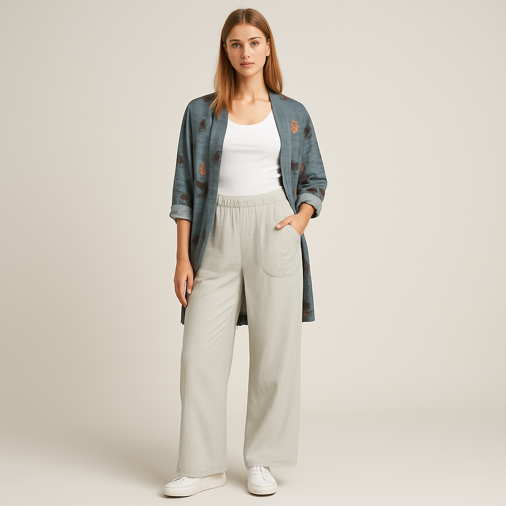 Wide-leg lounge pants with elastic waist and front patch pockets.