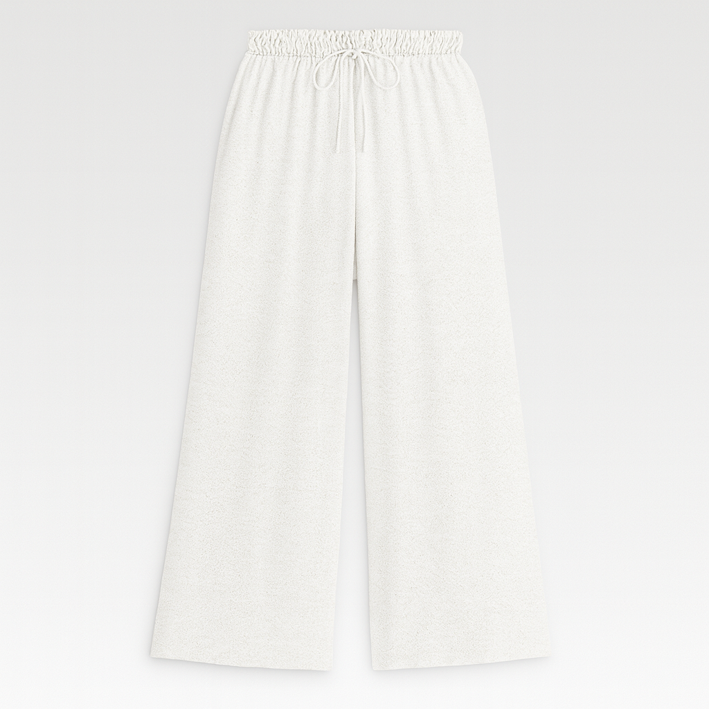Wide-leg lounge pants with elastic drawstring waistband and flowy drape, styled for casual elegance