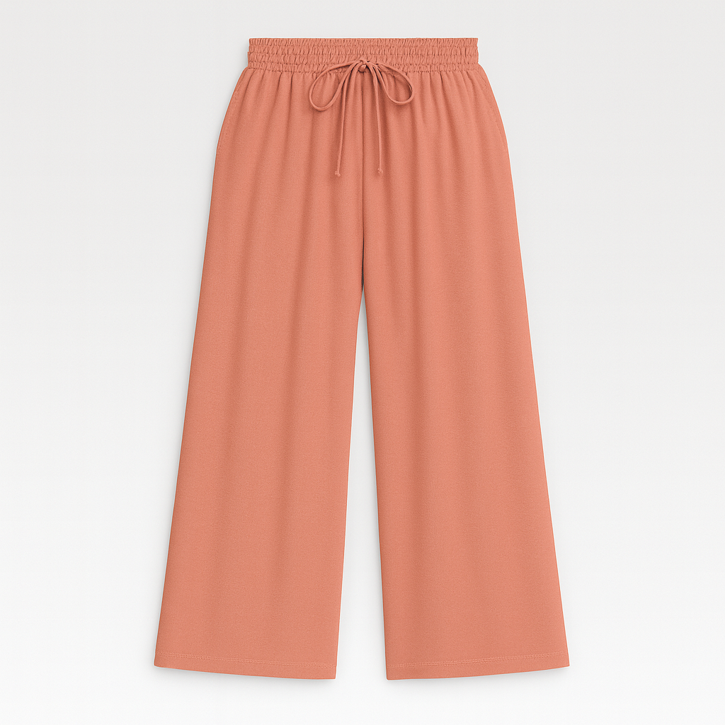 Wide-leg lounge pants with elastic drawstring waistband and flowy drape, styled for casual elegance