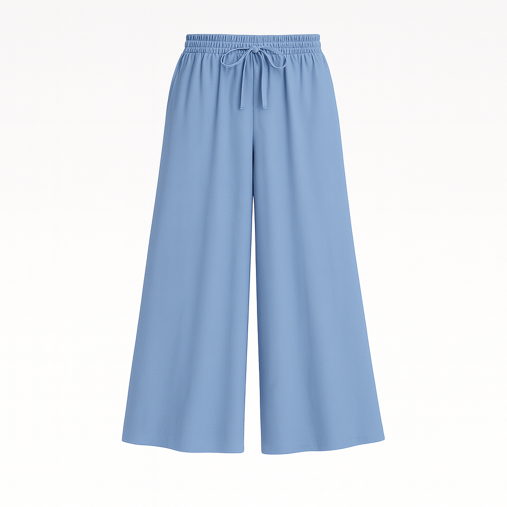 Wide-leg lounge pants with elastic drawstring waistband and flowy drape, styled for casual elegance