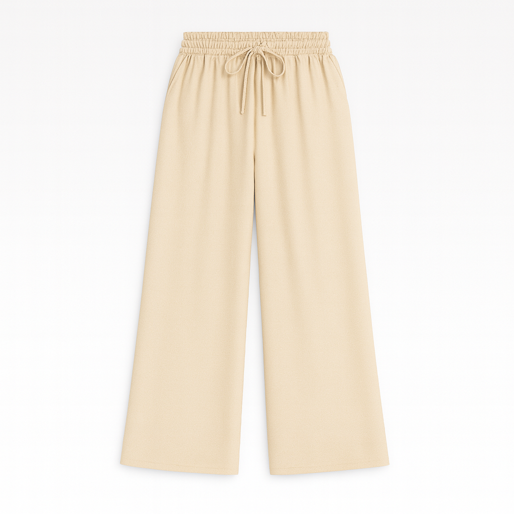 Wide-leg lounge pants with elastic drawstring waistband and flowy drape, styled for casual elegance