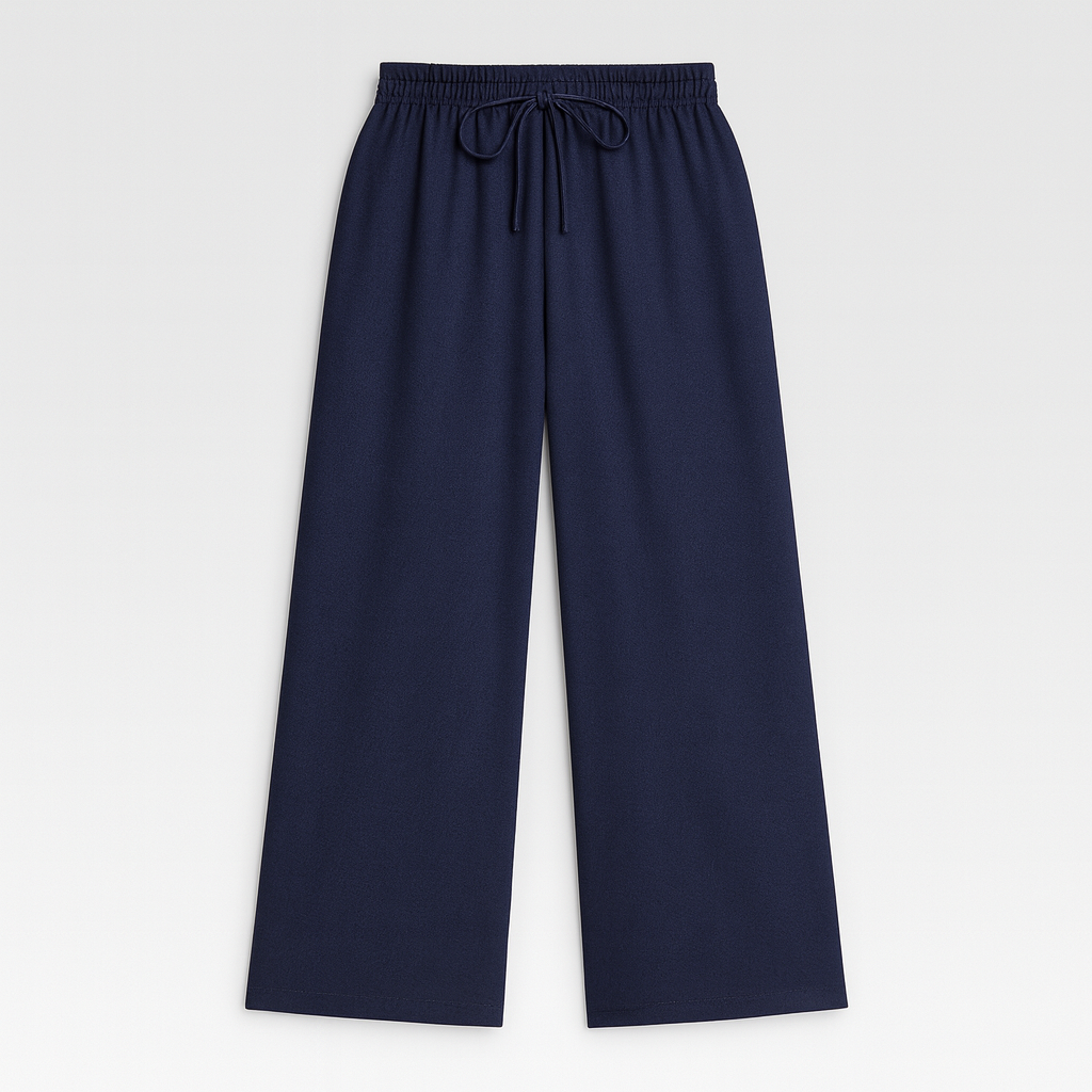 Wide-leg lounge pants with elastic drawstring waistband and flowy drape, styled for casual elegance