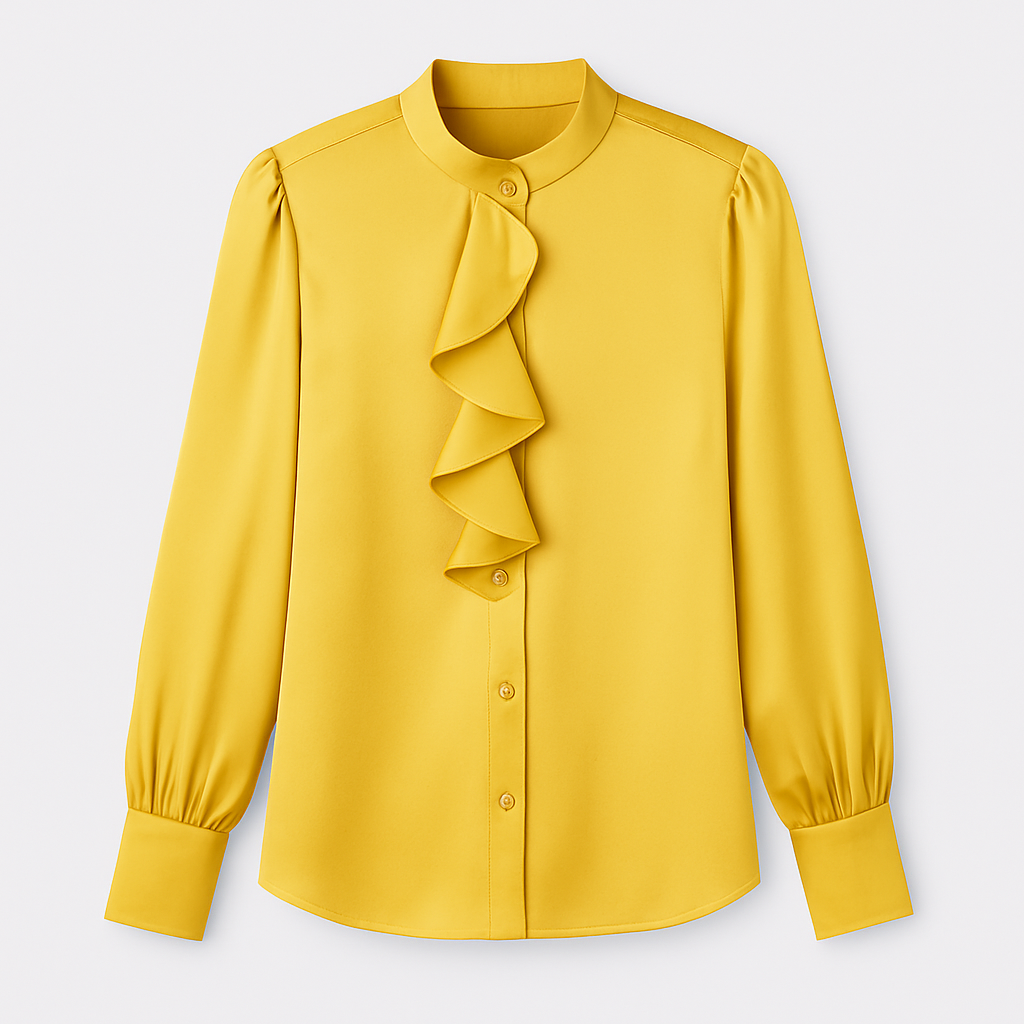 Satin blouse with high collar, cascading front ruffle, and long sleeves.