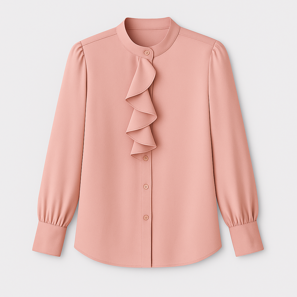 Satin blouse with high collar, cascading front ruffle, and long sleeves.