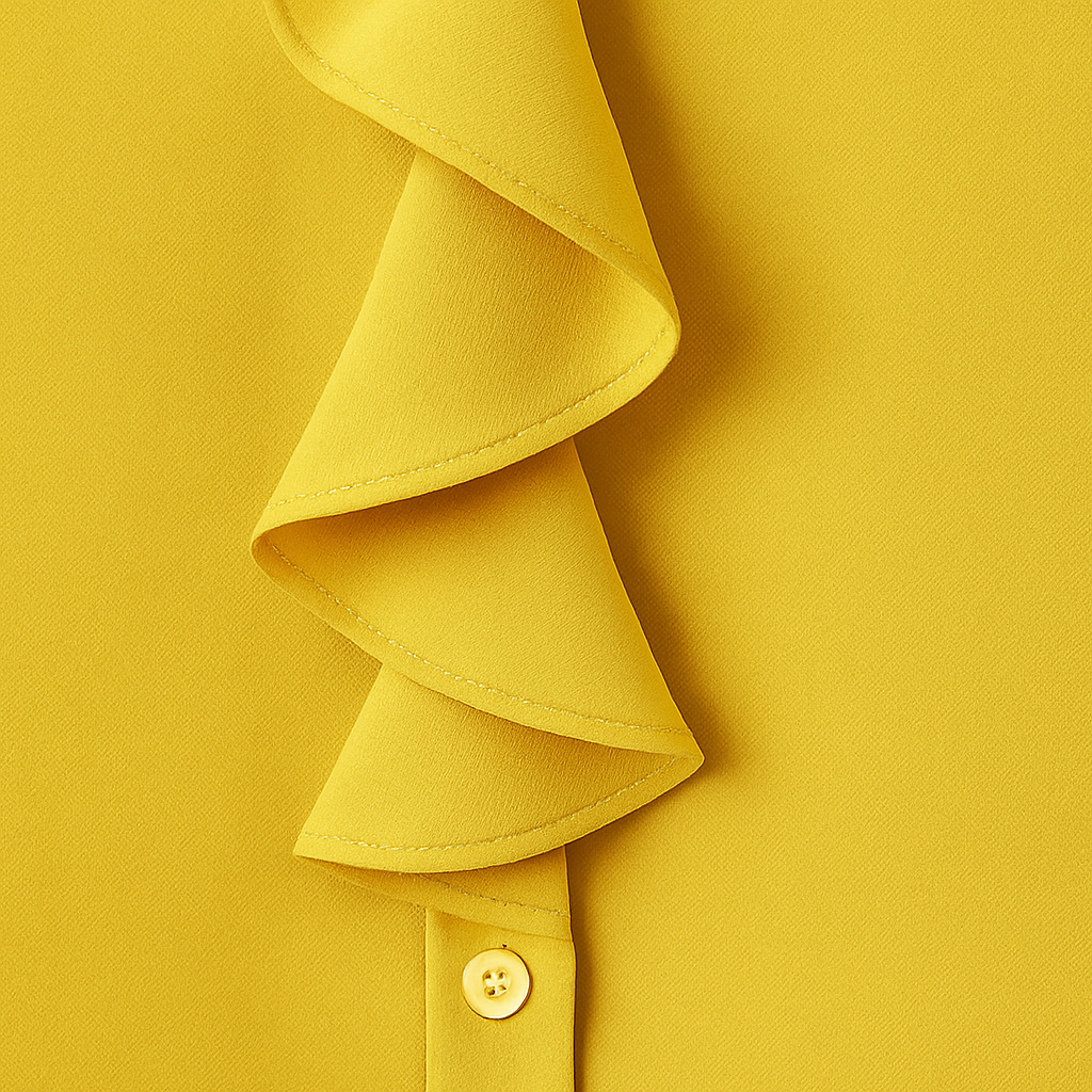 Satin blouse with high collar, cascading front ruffle, and long sleeves.