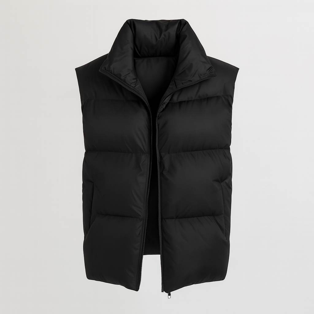 Minimalist quilted puffer vest with a high collar, front zipper, and angled side pockets, displayed flat on a light background.