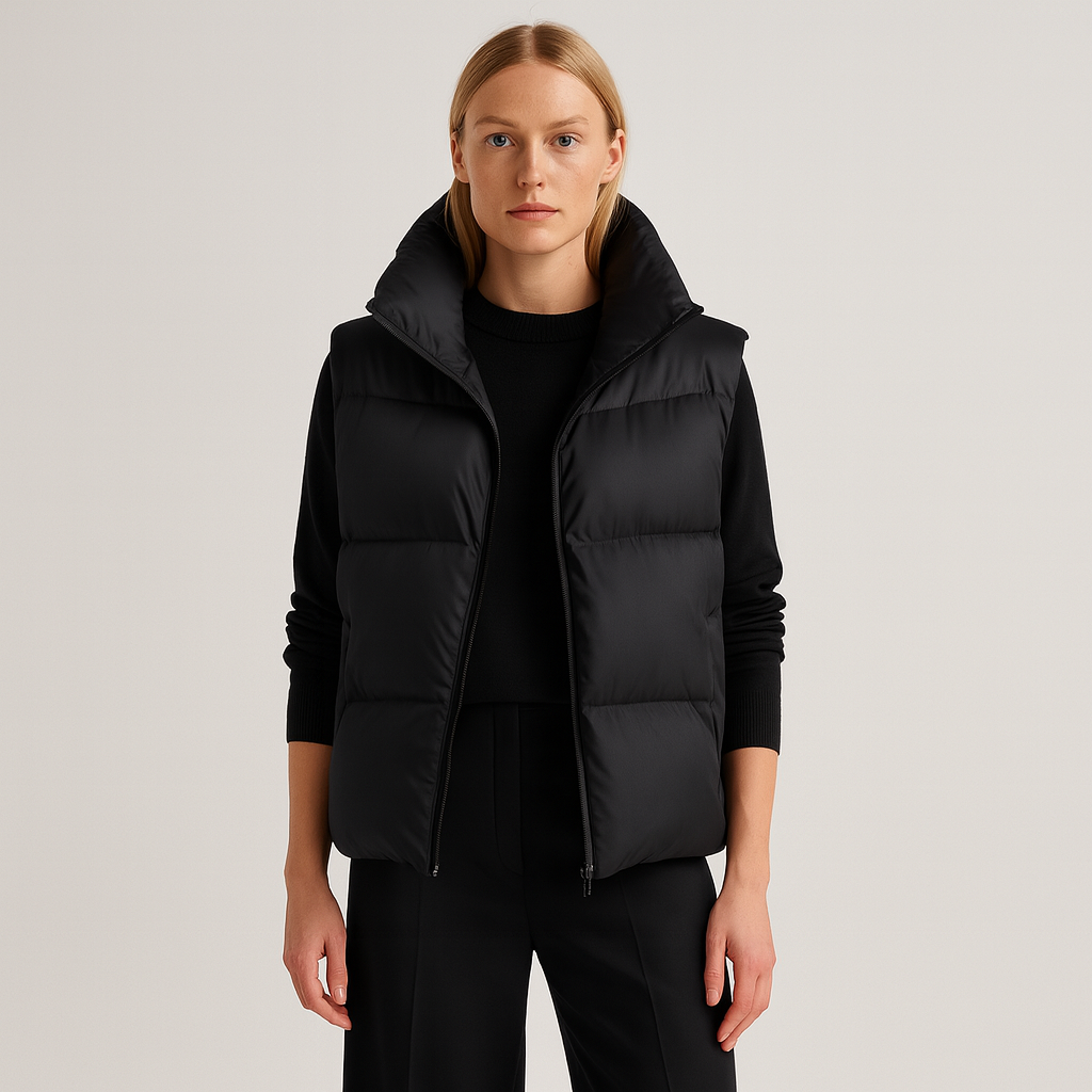 Minimalist quilted puffer vest with a high collar, front zipper, and angled side pockets, displayed flat on a light background.