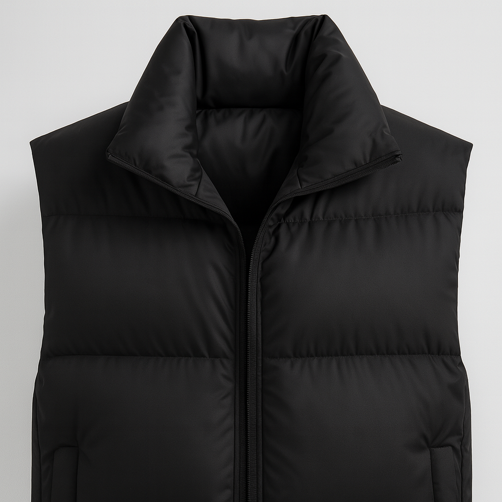 Minimalist quilted puffer vest with a high collar, front zipper, and angled side pockets, displayed flat on a light background.