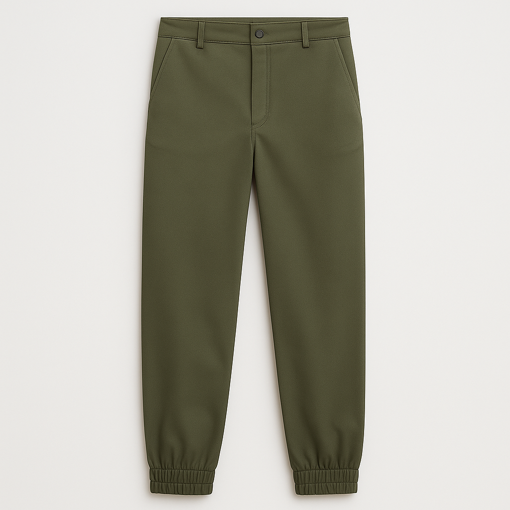 Slim-tapered pants styled with a classic button-down shirt and sneakers for an elevated casual look.