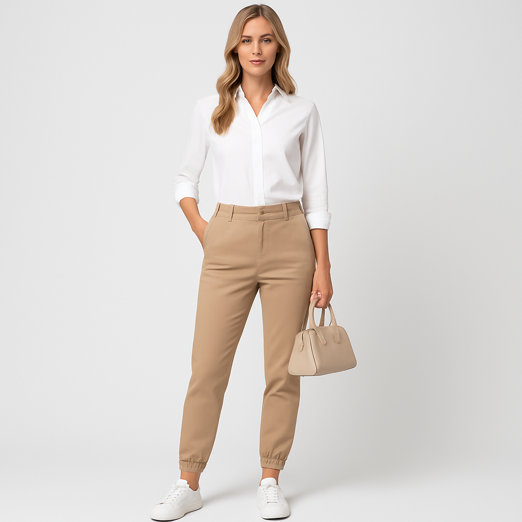 Slim-tapered pants styled with a classic button-down shirt and sneakers for an elevated casual look.