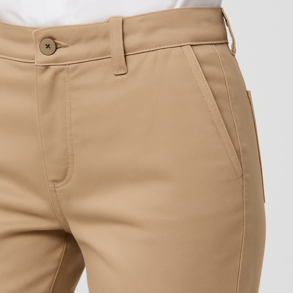 Slim-tapered pants styled with a classic button-down shirt and sneakers for an elevated casual look.