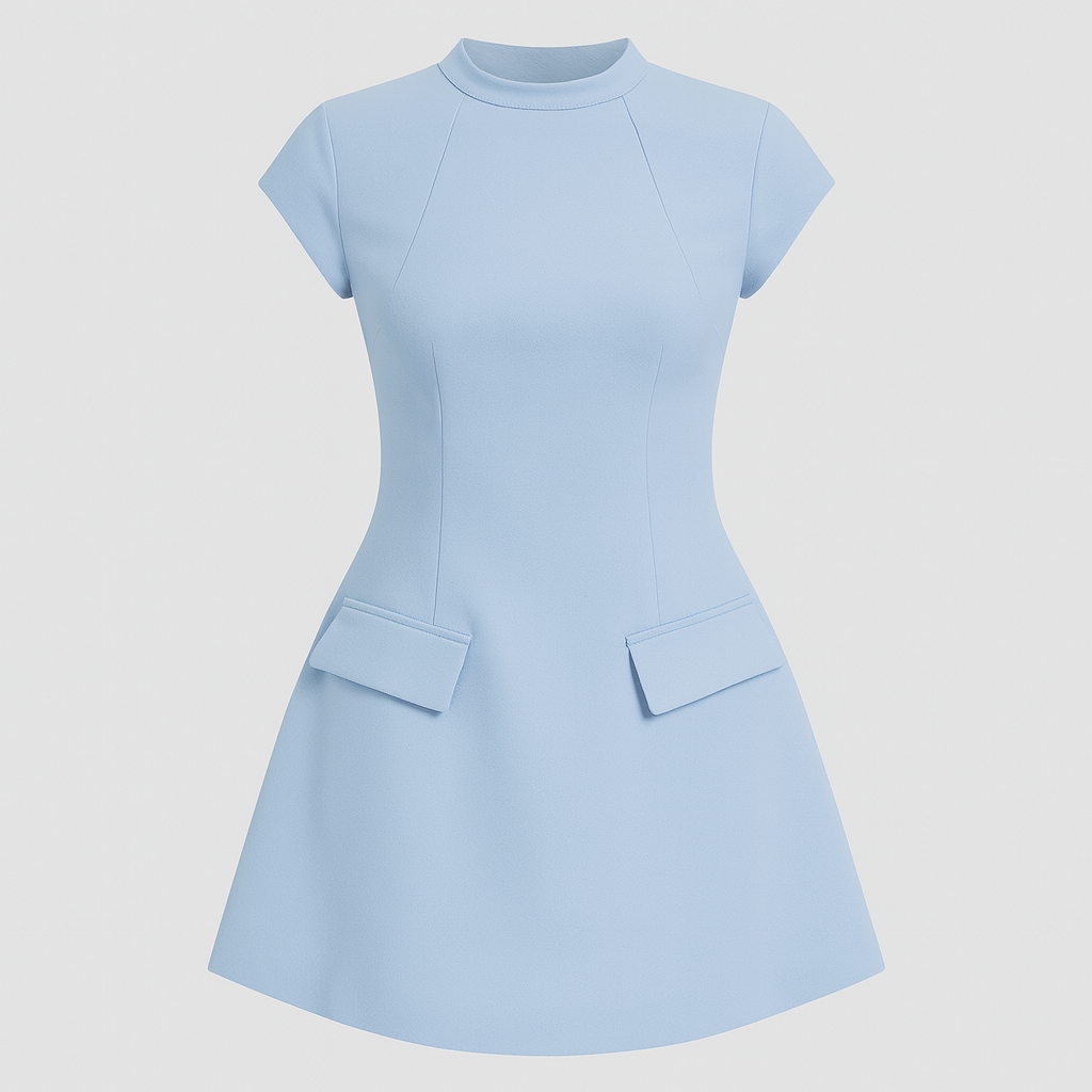 Short-sleeve mini dress with round neckline, fitted bodice, and flared skirt with front flap details.
