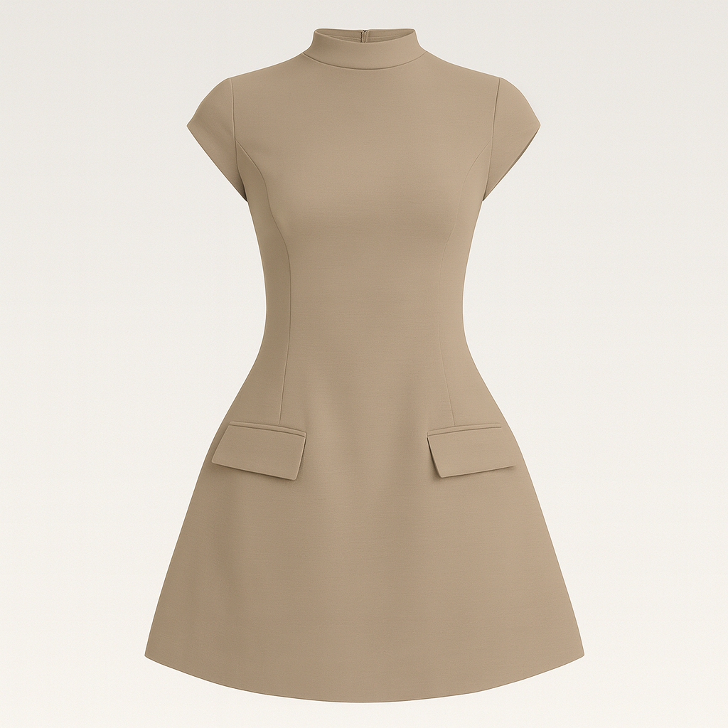 Short-sleeve mini dress with round neckline, fitted bodice, and flared skirt with front flap details.