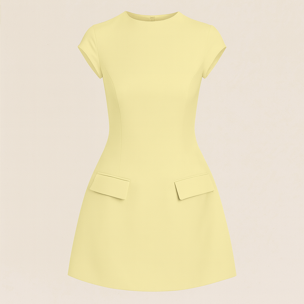 Short-sleeve mini dress with round neckline, fitted bodice, and flared skirt with front flap details.