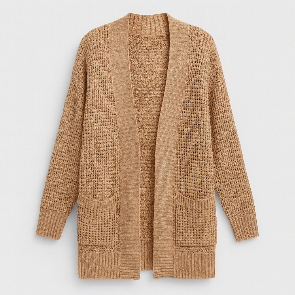 Open-front waffle knit cardigan with long sleeves, ribbed trim, and front patch pockets, designed for casual layering
