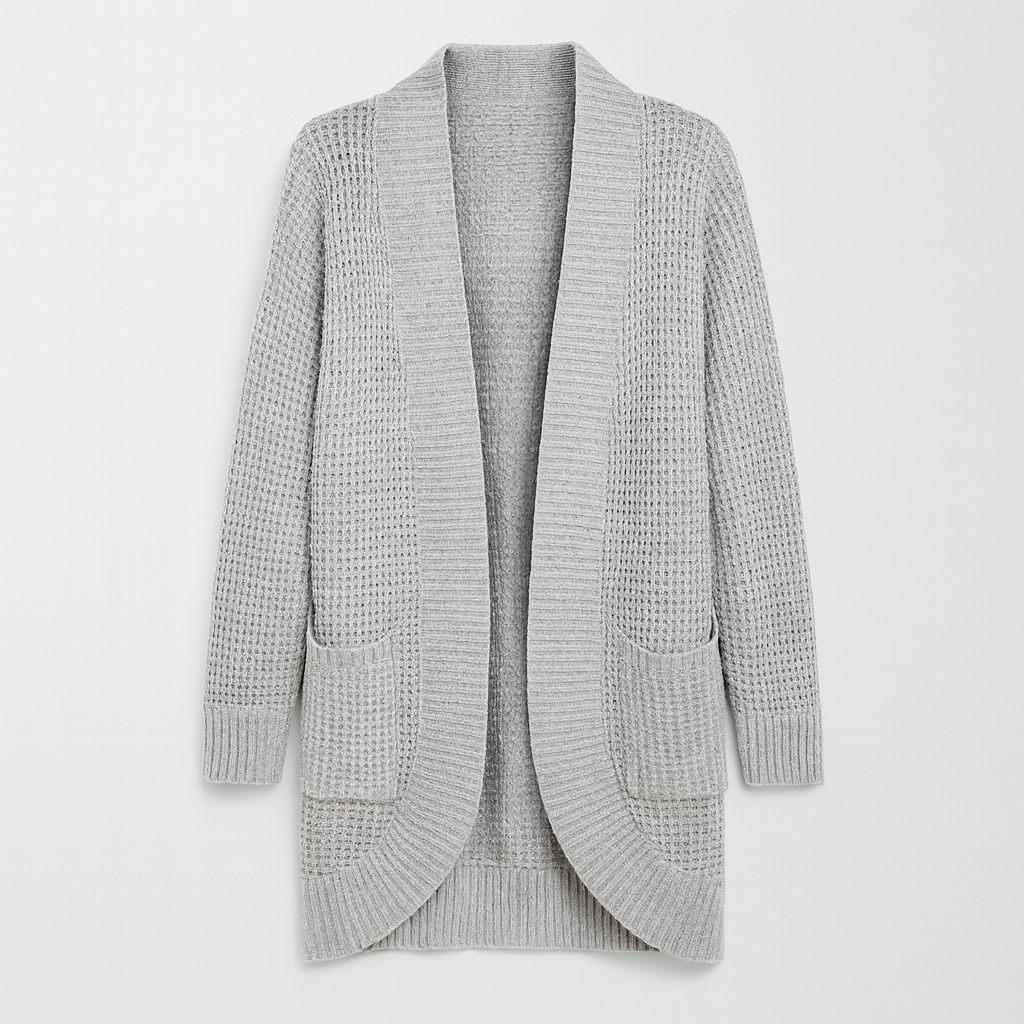 Open-front waffle knit cardigan with long sleeves, ribbed trim, and front patch pockets, designed for casual layering