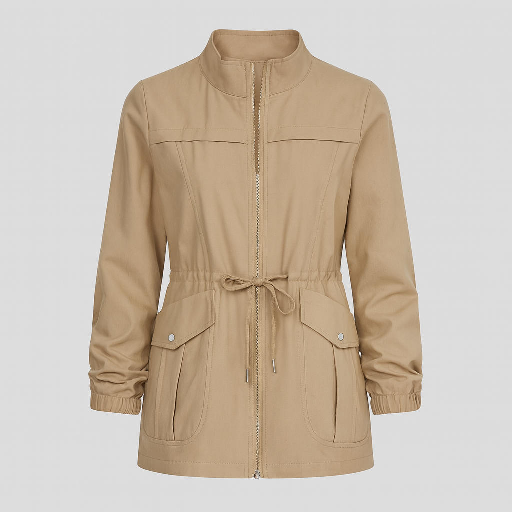 Utility jacket with front zip closure, drawstring waist, flap pockets, and elastic cuffs.