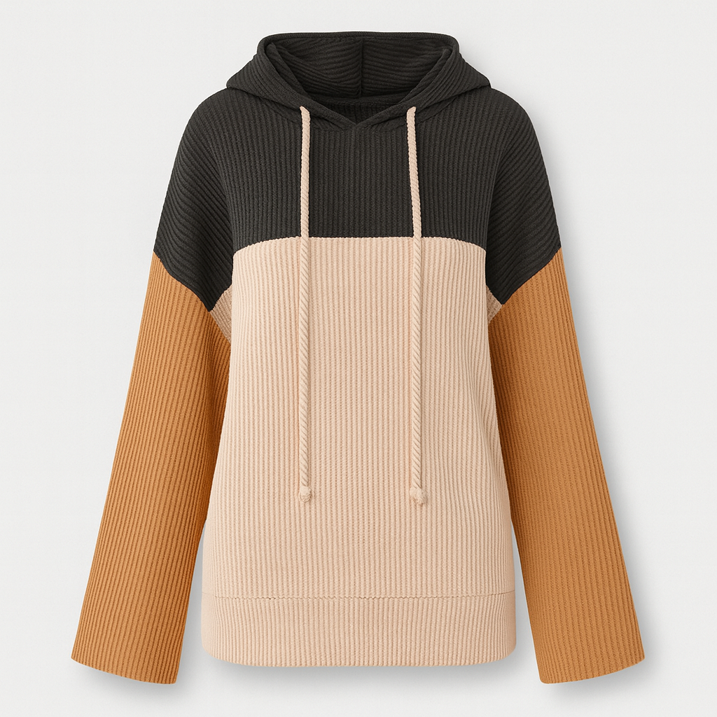 A ribbed knit colorblock hoodie in black, beige, and caramel with long sleeves.