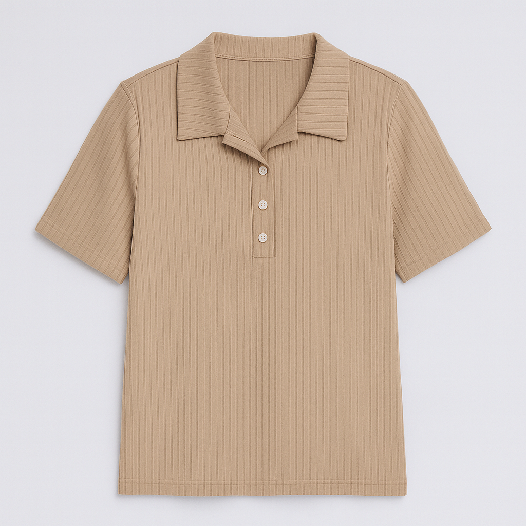 Ribbed short-sleeve polo shirt with button placket and classic collar.