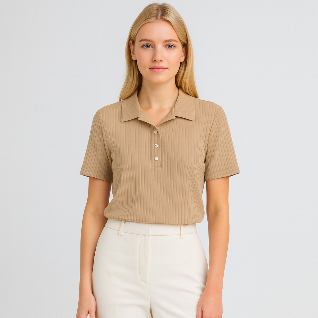 Ribbed short-sleeve polo shirt with button placket and classic collar.