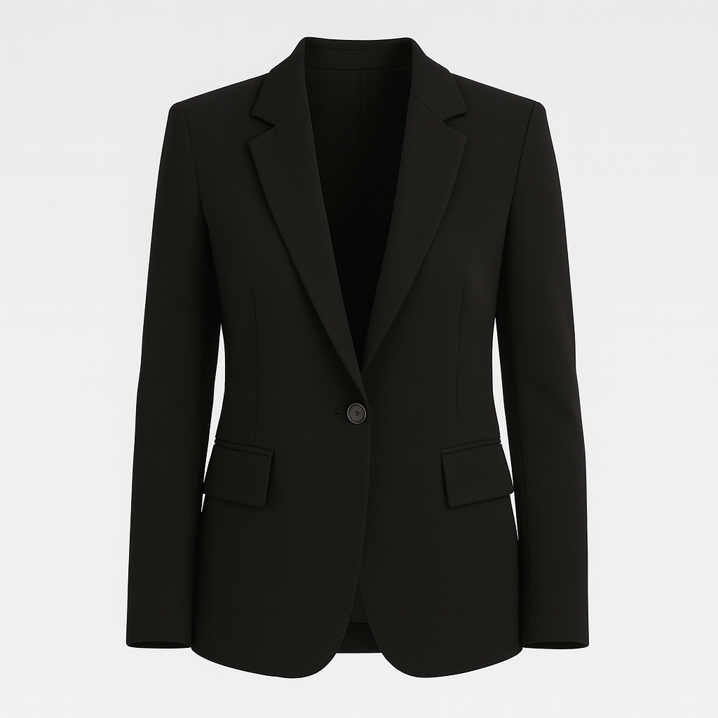 A tailored blazer with a single-button closure, notched lapels, and flap pockets on both sides. The blazer has a structured silhouette and a classic, elegant design.