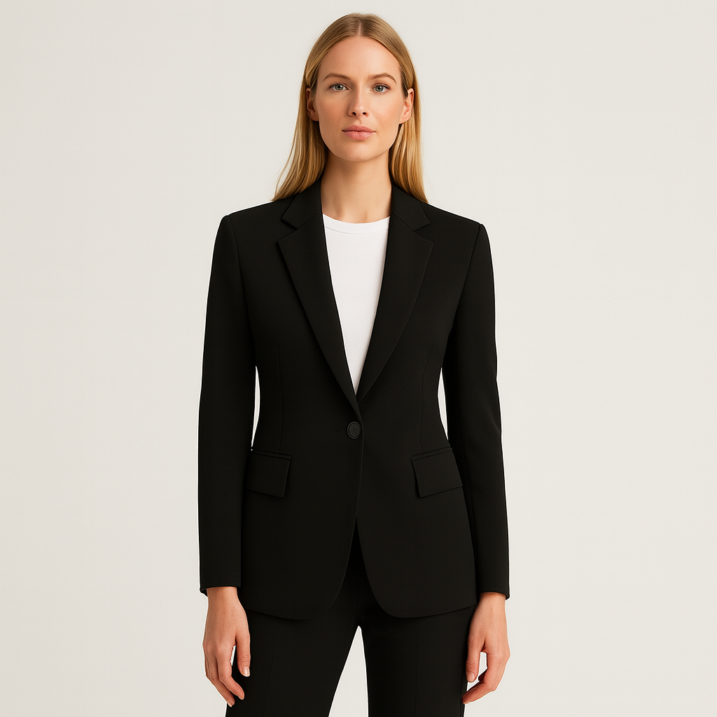 A tailored blazer with a single-button closure, notched lapels, and flap pockets on both sides. The blazer has a structured silhouette and a classic, elegant design.