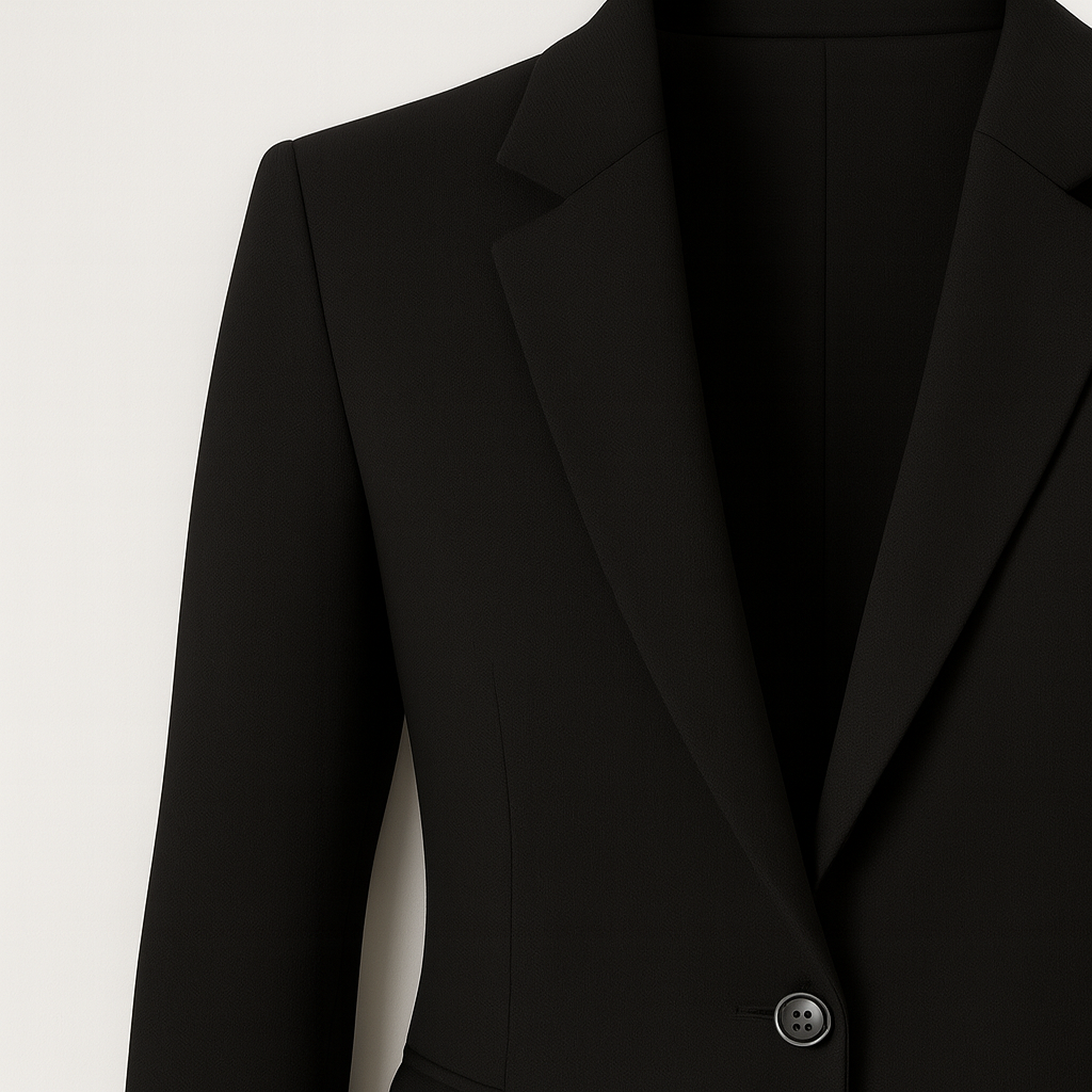 A tailored blazer with a single-button closure, notched lapels, and flap pockets on both sides. The blazer has a structured silhouette and a classic, elegant design.