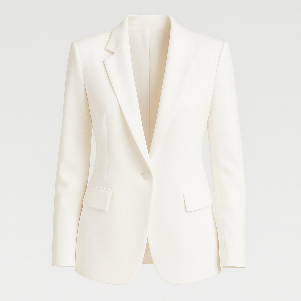 A tailored blazer with a single-button closure, notched lapels, and flap pockets on both sides. The blazer has a structured silhouette and a classic, elegant design.