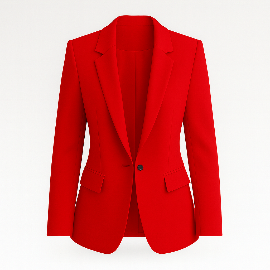 A tailored blazer with a single-button closure, notched lapels, and flap pockets on both sides. The blazer has a structured silhouette and a classic, elegant design.