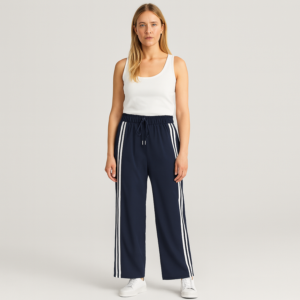 Wide-leg track pants with elastic waistband, drawstring, and double side stripes, styled for modern athletic casual looks