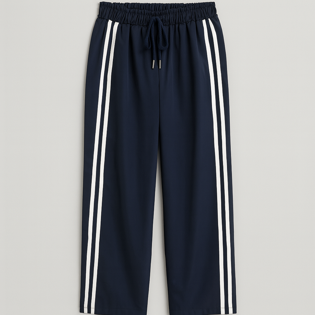 Wide-leg track pants with elastic waistband, drawstring, and double side stripes, styled for modern athletic casual looks