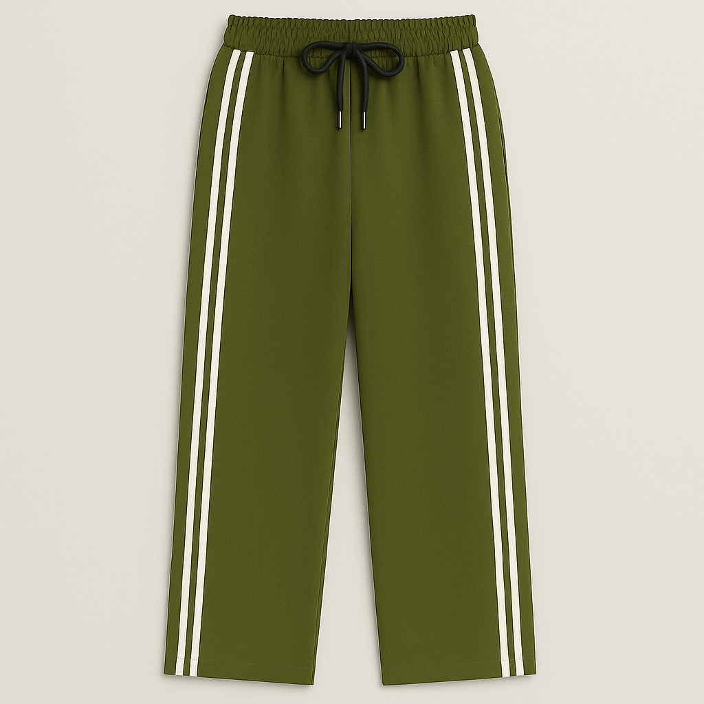 Wide-leg track pants with elastic waistband, drawstring, and double side stripes, styled for modern athletic casual looks