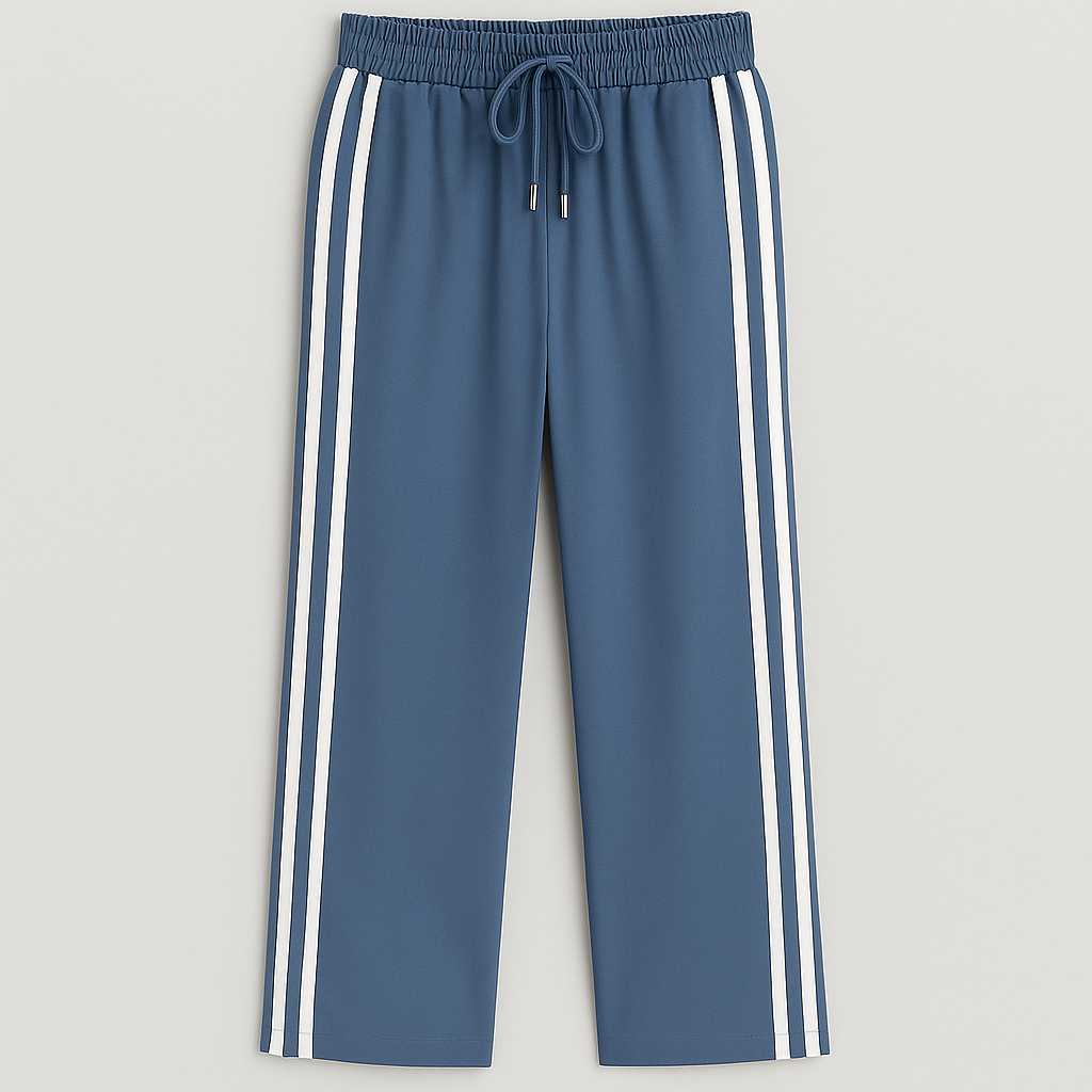 Wide-leg track pants with elastic waistband, drawstring, and double side stripes, styled for modern athletic casual looks