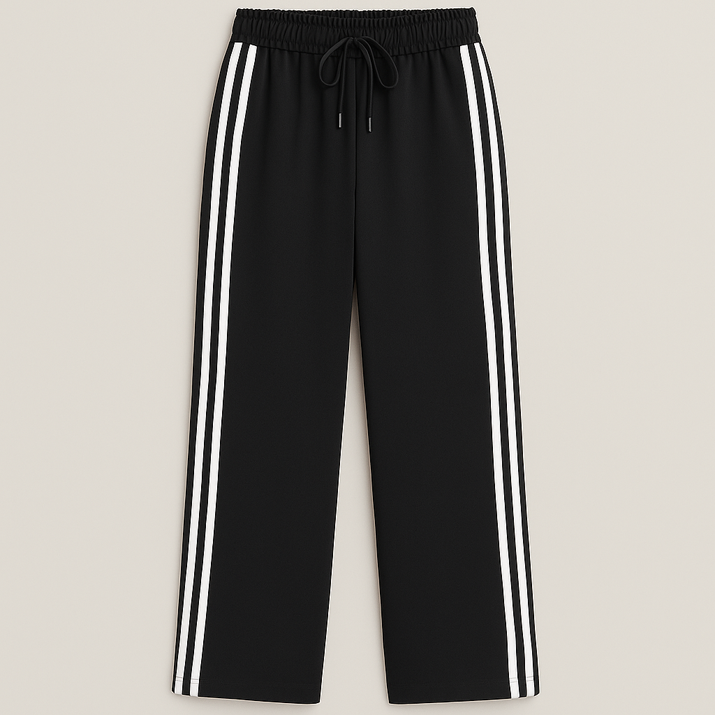 Wide-leg track pants with elastic waistband, drawstring, and double side stripes, styled for modern athletic casual looks