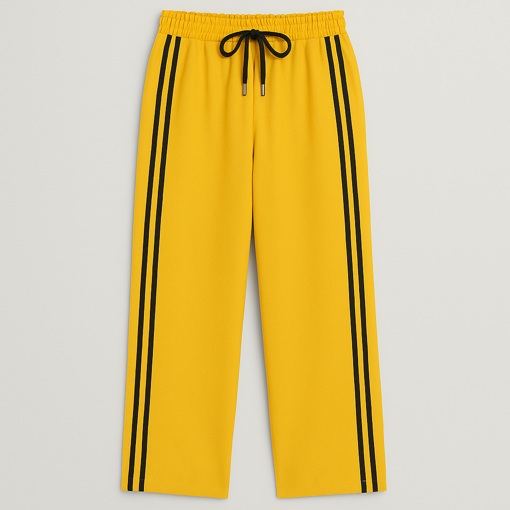 Wide-leg track pants with elastic waistband, drawstring, and double side stripes, styled for modern athletic casual looks