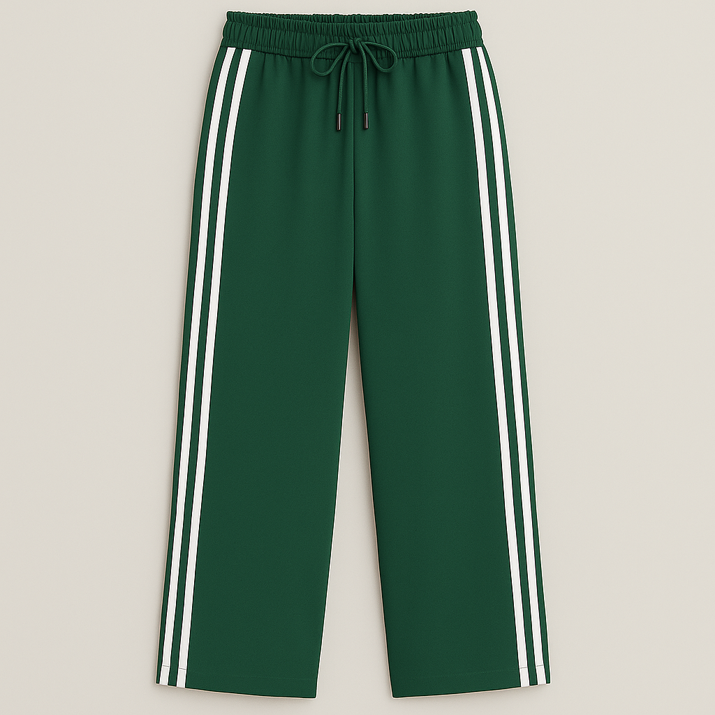 Wide-leg track pants with elastic waistband, drawstring, and double side stripes, styled for modern athletic casual looks