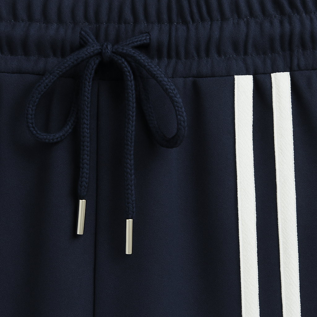 Wide-leg track pants with elastic waistband, drawstring, and double side stripes, styled for modern athletic casual looks