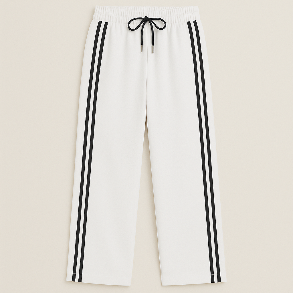 Wide-leg track pants with elastic waistband, drawstring, and double side stripes, styled for modern athletic casual looks