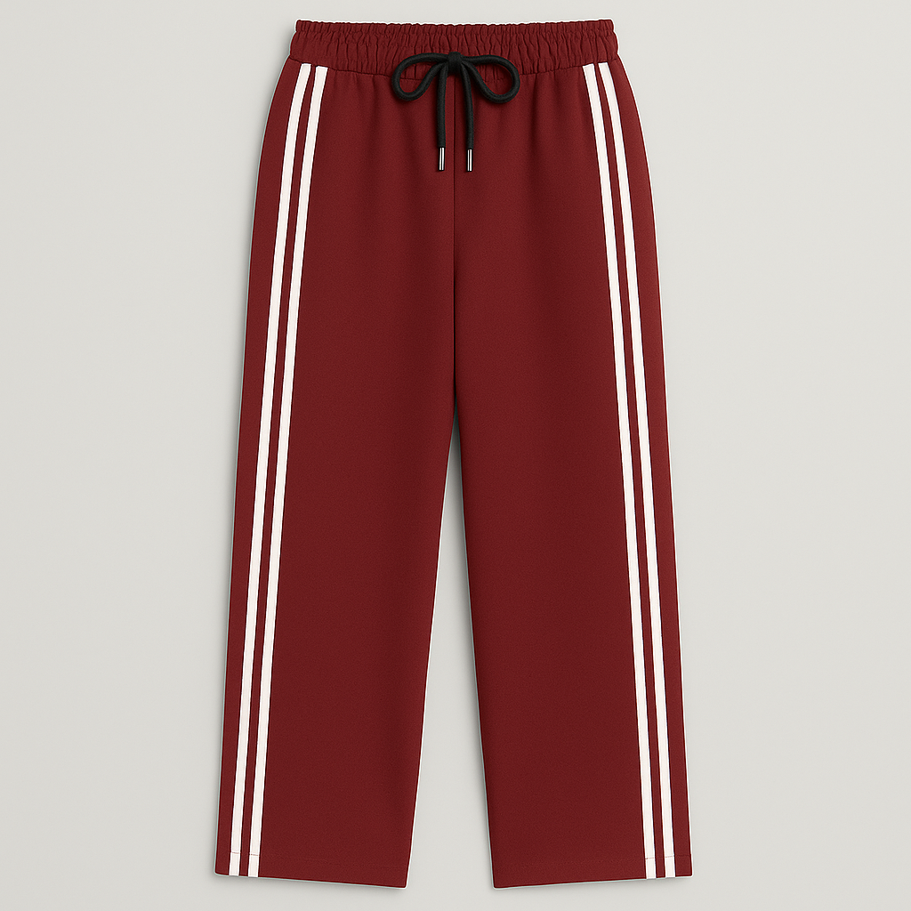 Wide-leg track pants with elastic waistband, drawstring, and double side stripes, styled for modern athletic casual looks
